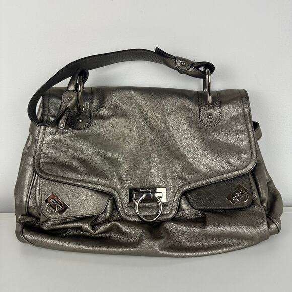 Salvatore Ferragamo Authentic Womens Bronze Leather Lock Closure Shoulder Bag - Picture 1 of 9